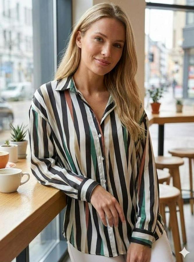 Uzun Kollu Dalgalı Desen Baskılı Gömlek