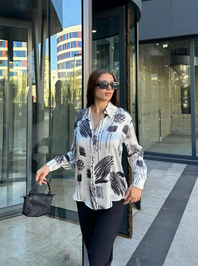 Uzun Kollu Dijital Baskılı Salaş Saten Gömlek