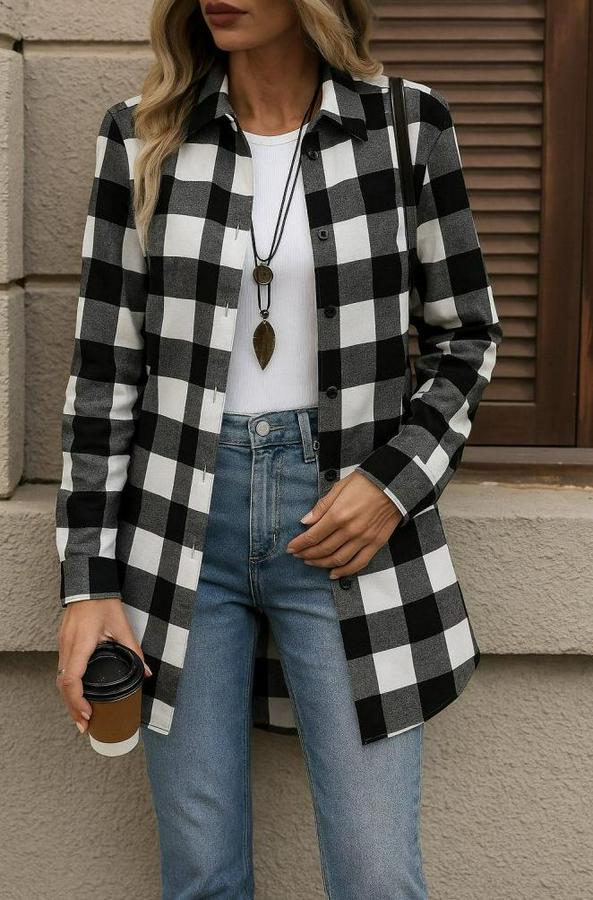 Uzun Kollu Ekoseli Önden Düğmeli Dokuma Uzun Gömlek