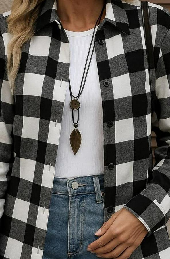 Uzun Kollu Ekoseli Önden Düğmeli Dokuma Uzun Gömlek