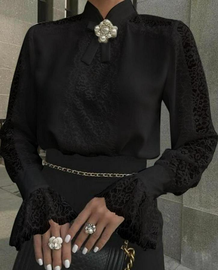 Uzun Kollu Hakim Yaka Ithal Dantel Detay Gömlek