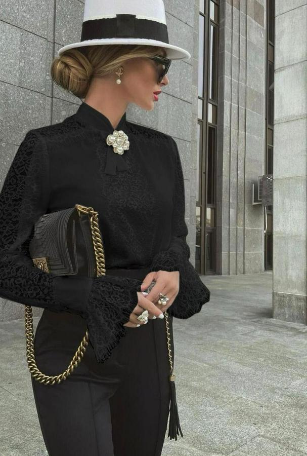 Uzun Kollu Hakim Yaka Ithal Dantel Detay Gömlek