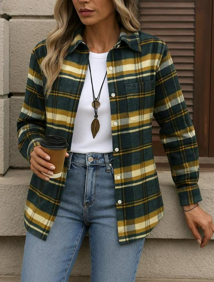 Uzun Kollu Kare Desenli Önden Düğmeli Dokuma Gömlek