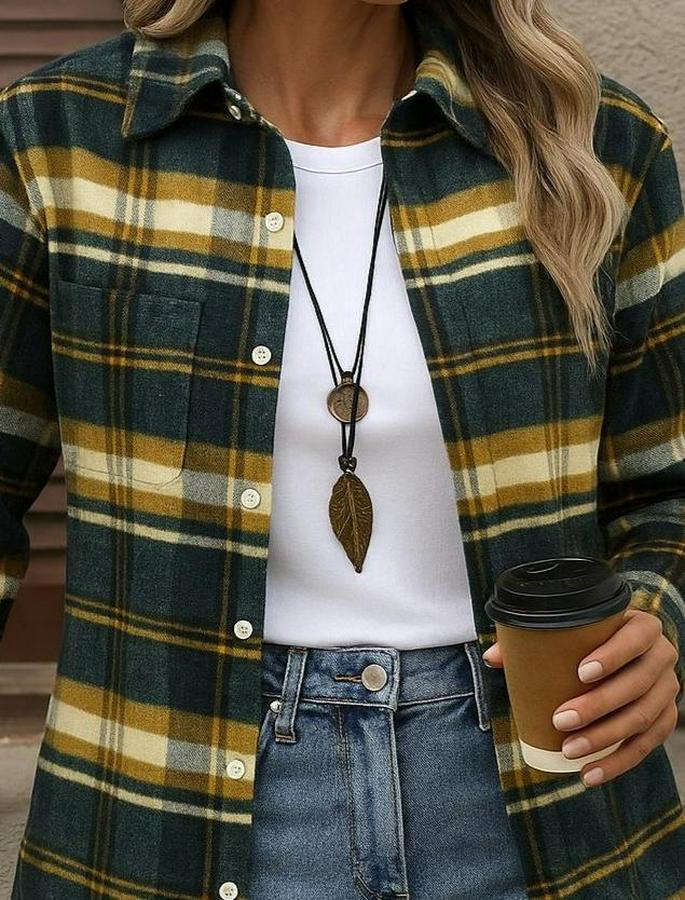 Uzun Kollu Kare Desenli Önden Düğmeli Dokuma Gömlek