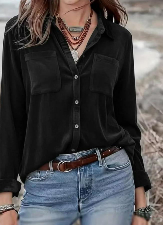 Uzun Kollu Yakalı Önden Düğmeli Cep Detaylı Kadife Gömlek