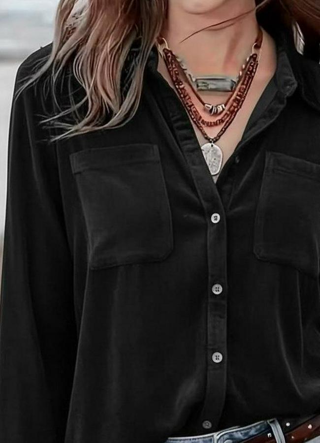 Uzun Kollu Yakalı Önden Düğmeli Cep Detaylı Kadife Gömlek