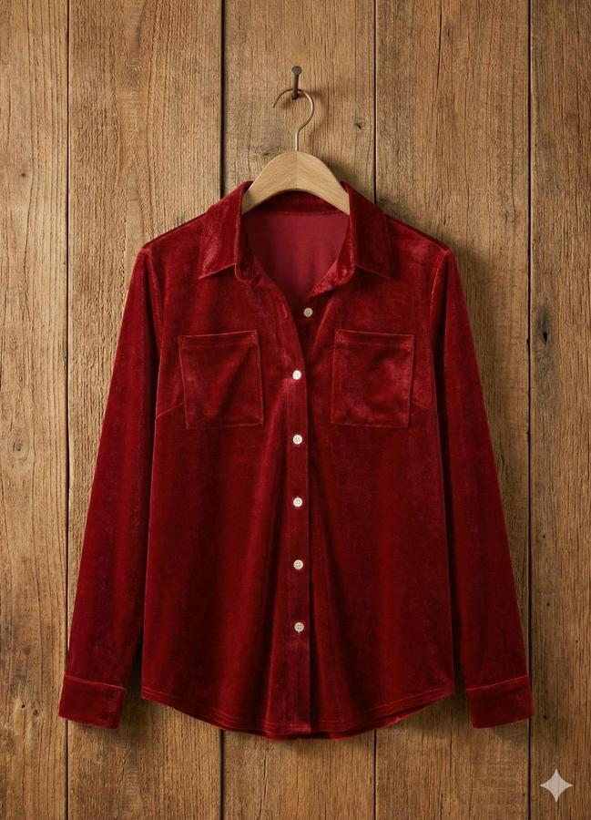 Uzun Kollu Yakalı Önden Düğmeli Cep Detaylı Kadife Gömlek