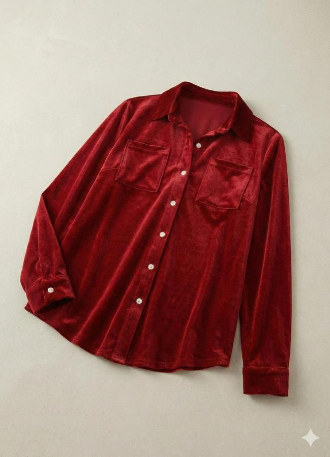 Uzun Kollu Yakalı Önden Düğmeli Cep Detaylı Kadife Gömlek