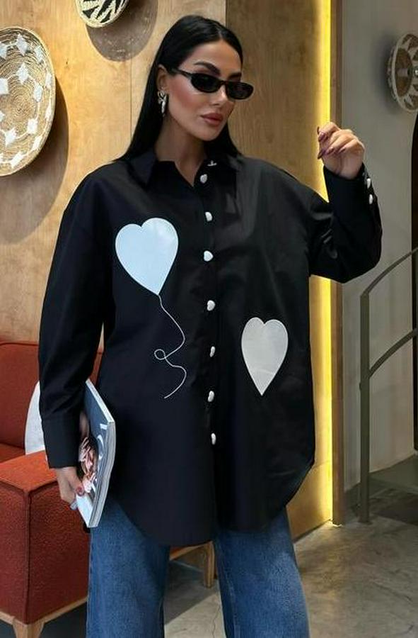 Kalp Nakışlı Ve Düğme Detaylı Oversize Gömlek 3430