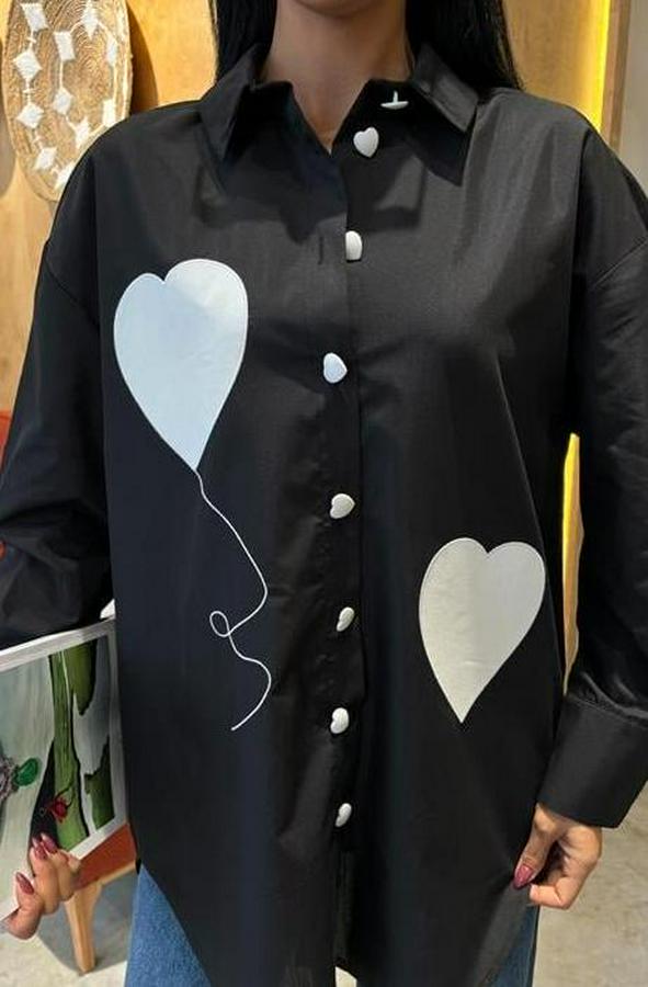 Kalp Nakışlı Ve Düğme Detaylı Oversize Gömlek 3430