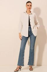 Krem Düz Oversize Uzun Basic Gömlek 3900