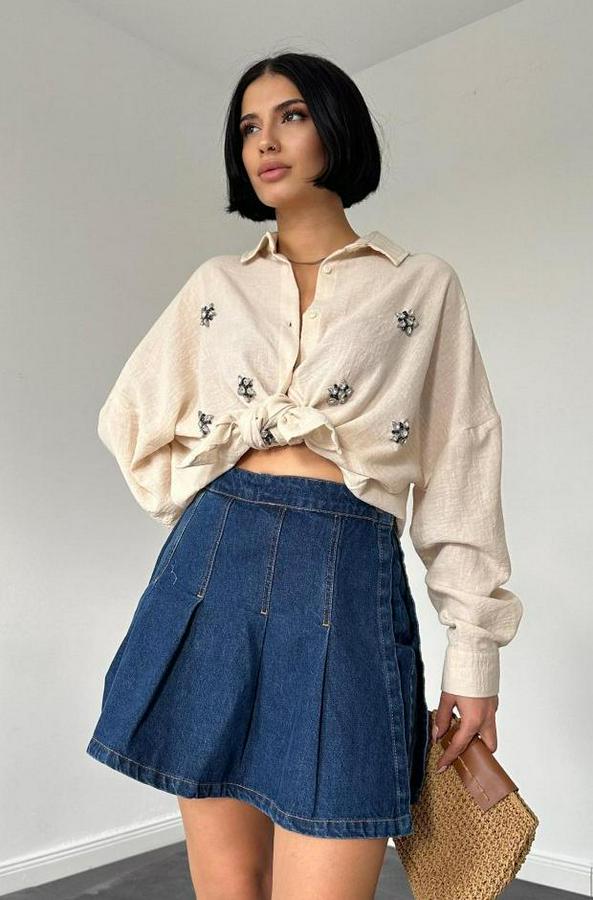 Krem Taş Işlemeli Gömlek