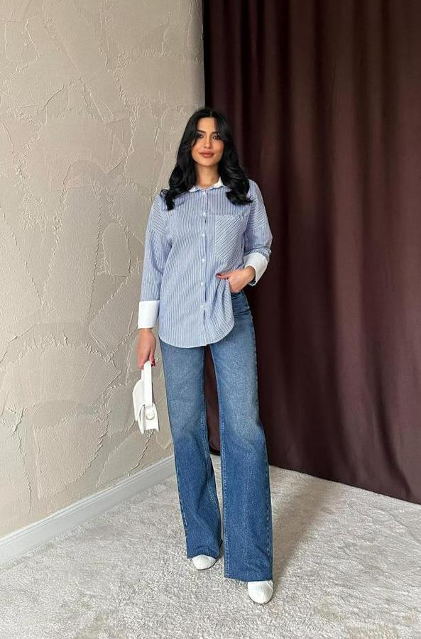 Mavi Çizgili Poplin Uzun Kol Gömlek