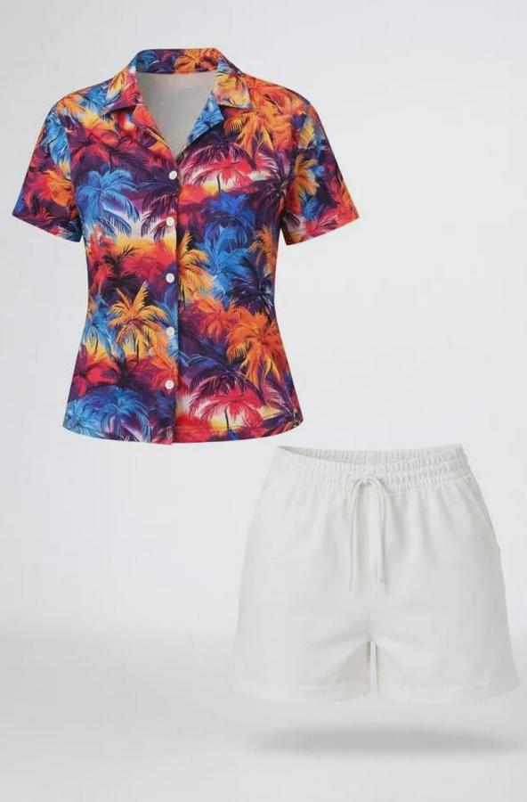 Renkli Tropikal Palmiye Desenli Kısa Kol Gömlek Şort Takım Yazlık Rahat Kalıp