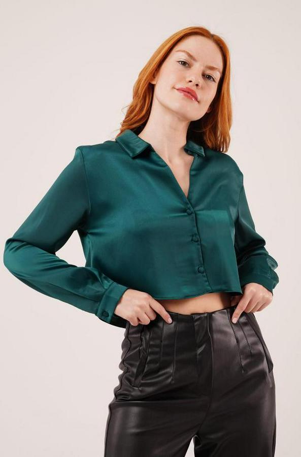 Saten Crop Model Yeşil Gömlek
