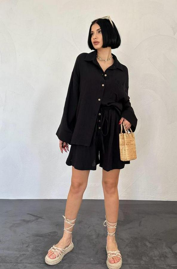 Siyah Gömlek Ve Müslin Şort Takım
