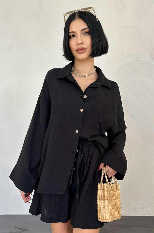 Siyah Gömlek Ve Müslin Şort Takım