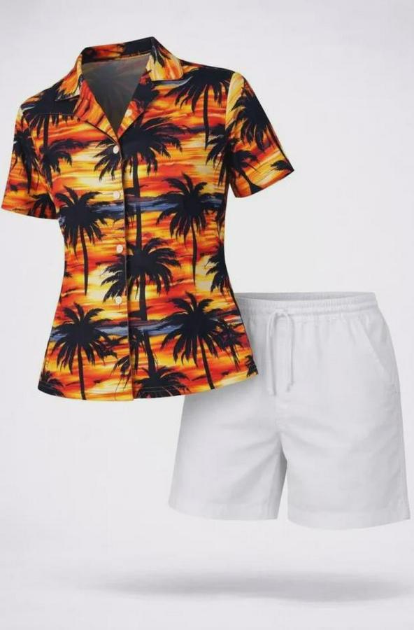 Tropikal Palmiye Desenli Gömlek Şort Takım Yazlık Rahat Kalıp