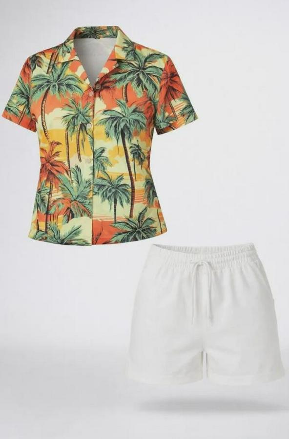 Tropikal Palmiye Desenli Kısa Kol Gömlek Şort Takım Yazlık Rahat