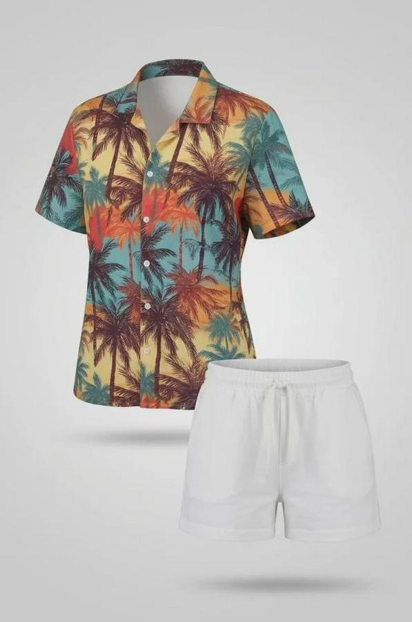 Tropikal Palmiye Desenli Kısa Kol Gömlek Şort Takım Yazlık Rahat Kalıp