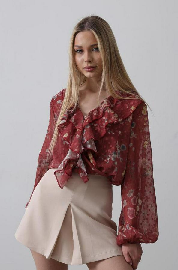 Volanlı Çiçek Desen Şifon Gömlek