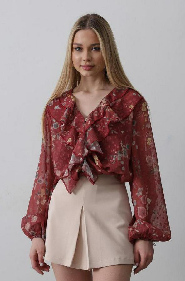 Volanlı Çiçek Desen Şifon Gömlek