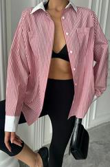 Yaka Ve Manşet Beyaz  Boyfriend Çizgili  Poplin Gömlek