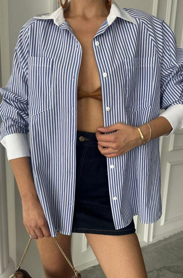Yaka Ve Manşet Beyaz  Boyfriend Çizgili  Poplin Gömlek
