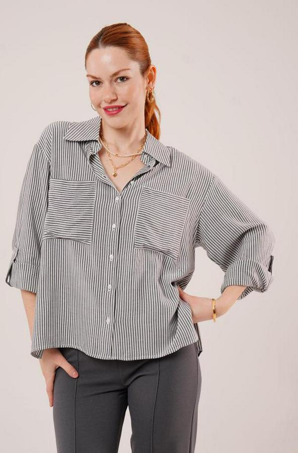Yarasa Kol Çizgili Cep Detaylı Gri Gömlek