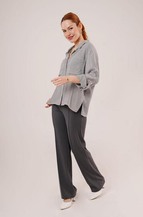 Yarasa Kol Çizgili Cep Detaylı Gri Gömlek