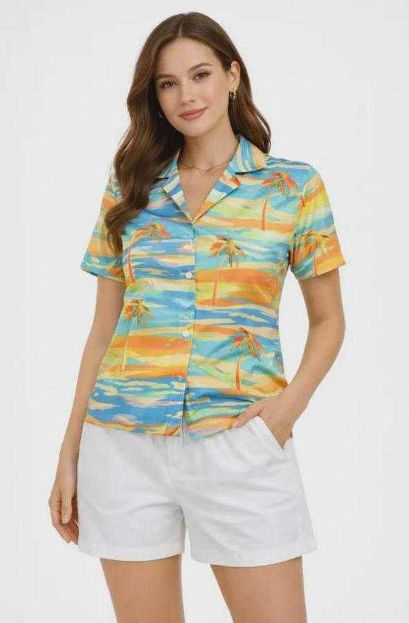 Yazlık Tropikal Desenli Gömlek Şort Takım Rahat Kalıp Tatil Kombin 