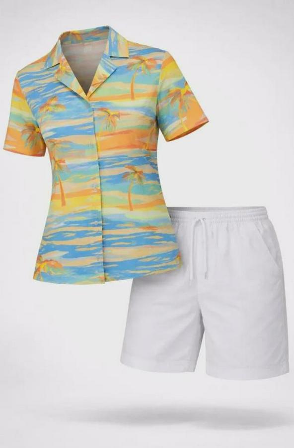 Yazlık Tropikal Desenli Gömlek Şort Takım Rahat Kalıp Tatil Kombin 