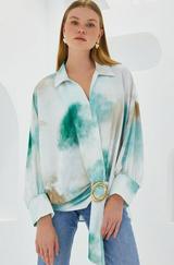 Yeşil Ekru Oversize Dökümlü Saten Gömlek 907