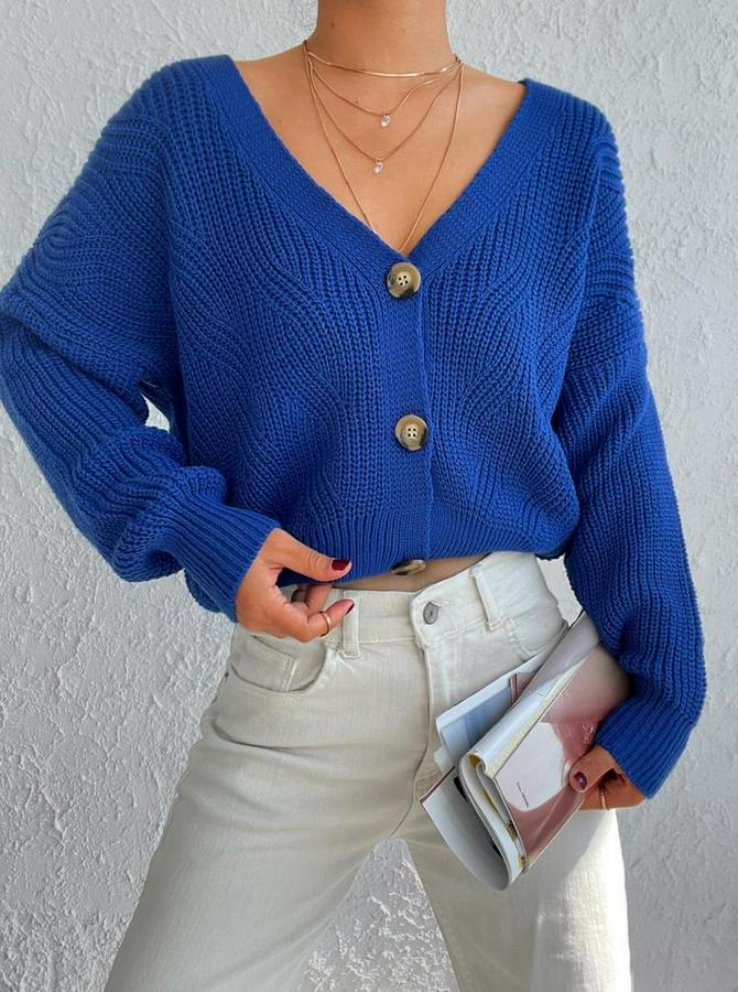 Uzun Kollu Düğme Detay Triko Hırka