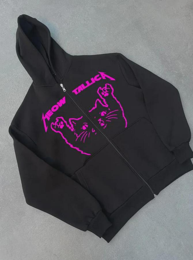 Kışlık Baskılı Fermuarlı Kapüşonlu Hırka