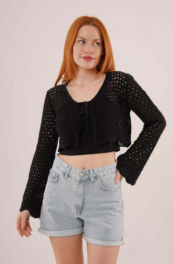 Ön Bağlamalı Ajurlu Crop Siyah Hırka