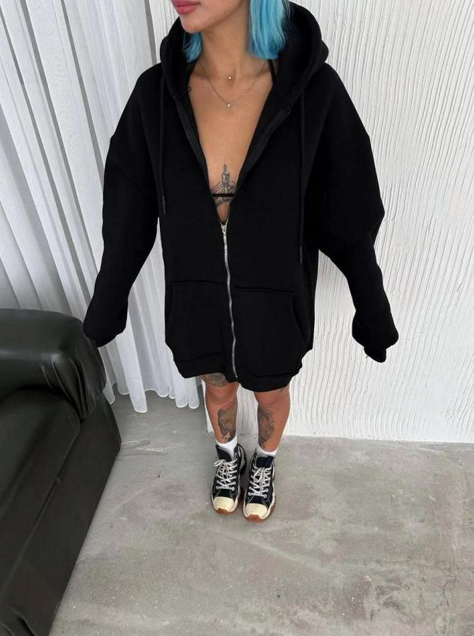 Oversize Tam Fermuarlı Uzun Kol Hırka