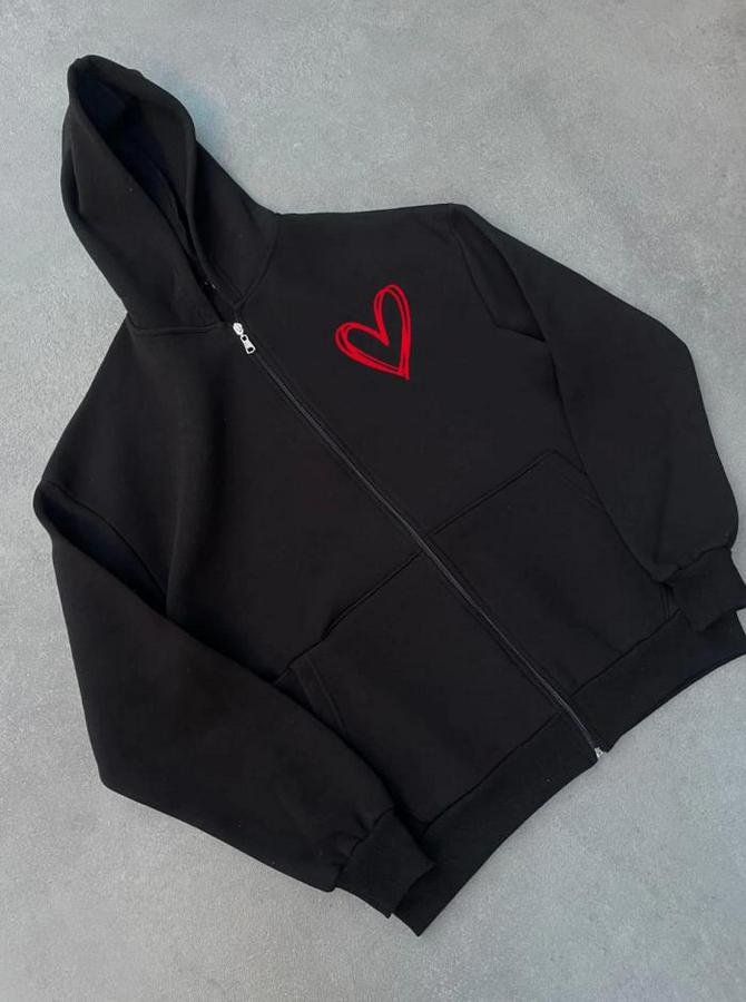 Üç Iplik Baskılı Fermuarlı Kapşonlu Hırka