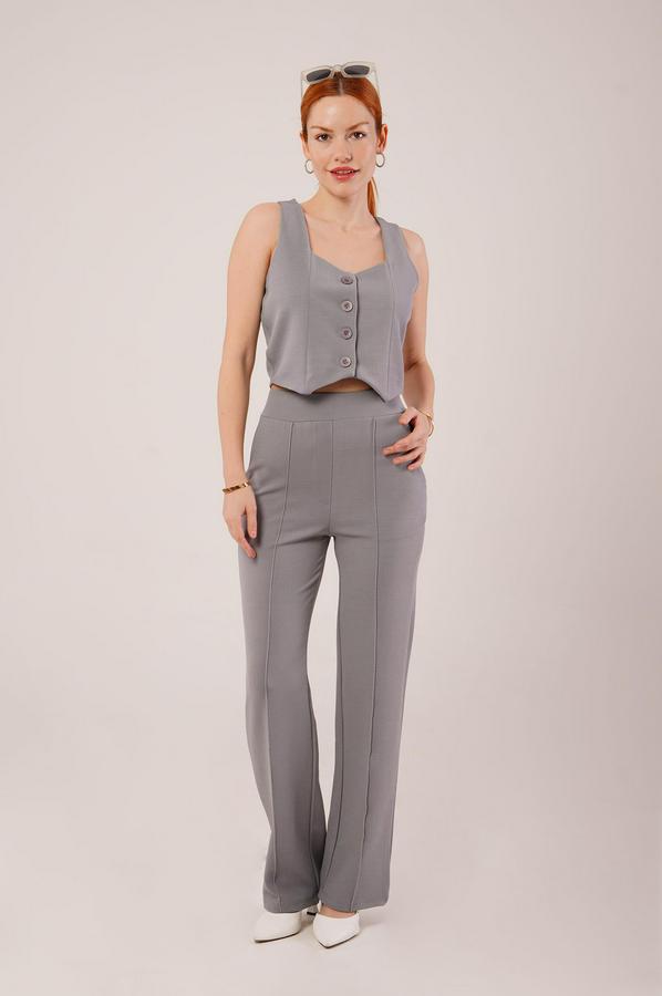 Kalın Askılı Düğmeli Yelek Ve Pantolon Gri Takım