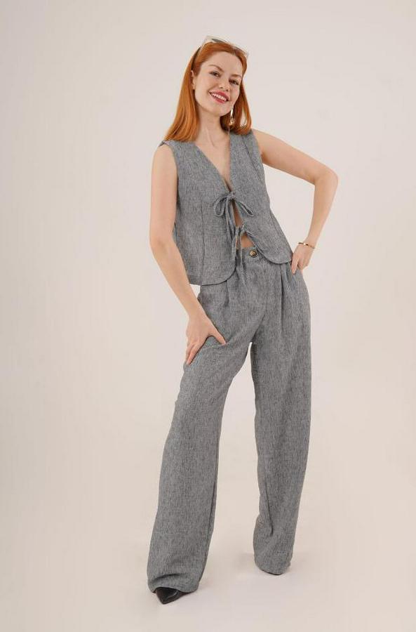 Ön Bağlama Detaylı Yelek Ve Pantolon Antrasit Ikili Takım