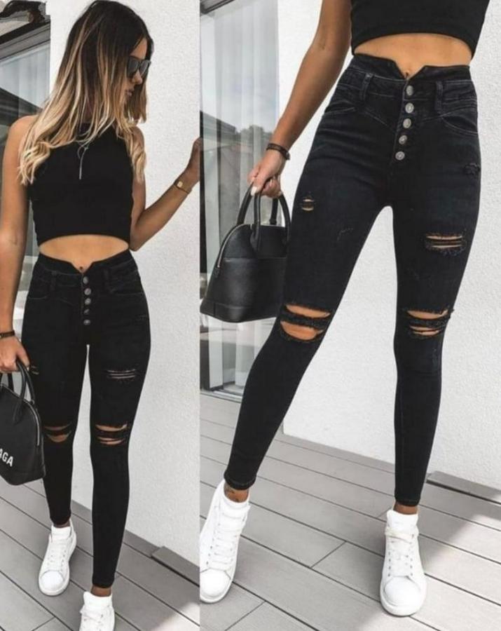 Düğmeli V Detay Bel Yırtık Kot