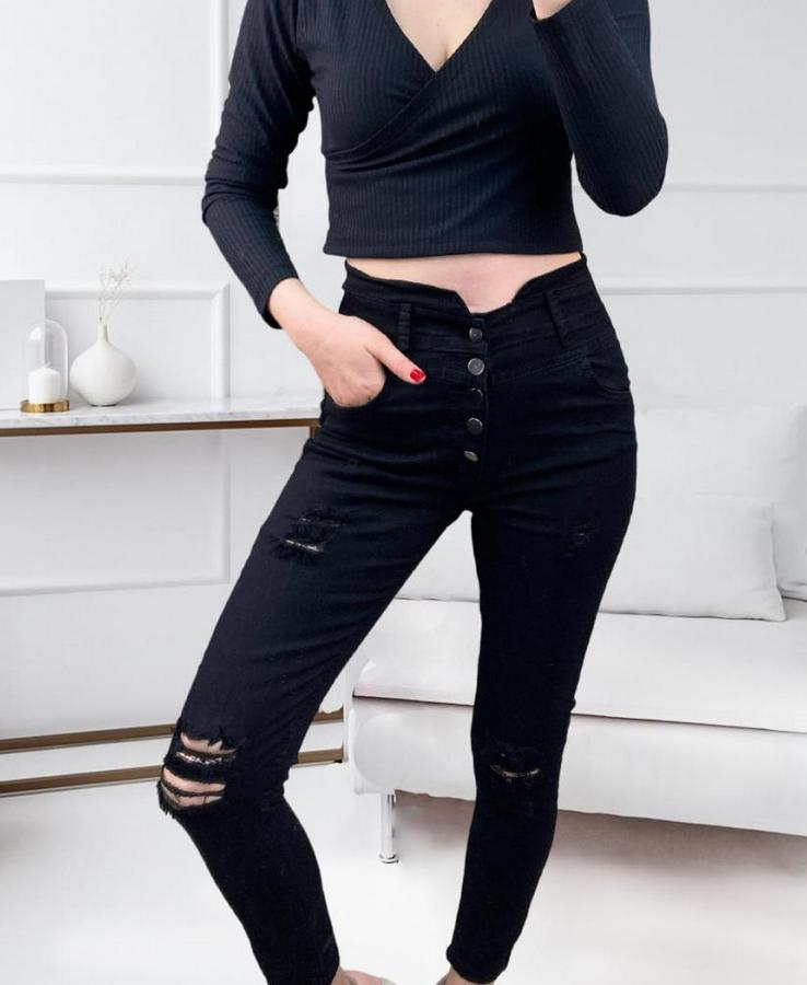 Düğmeli V Detay Bel Yırtık Kot