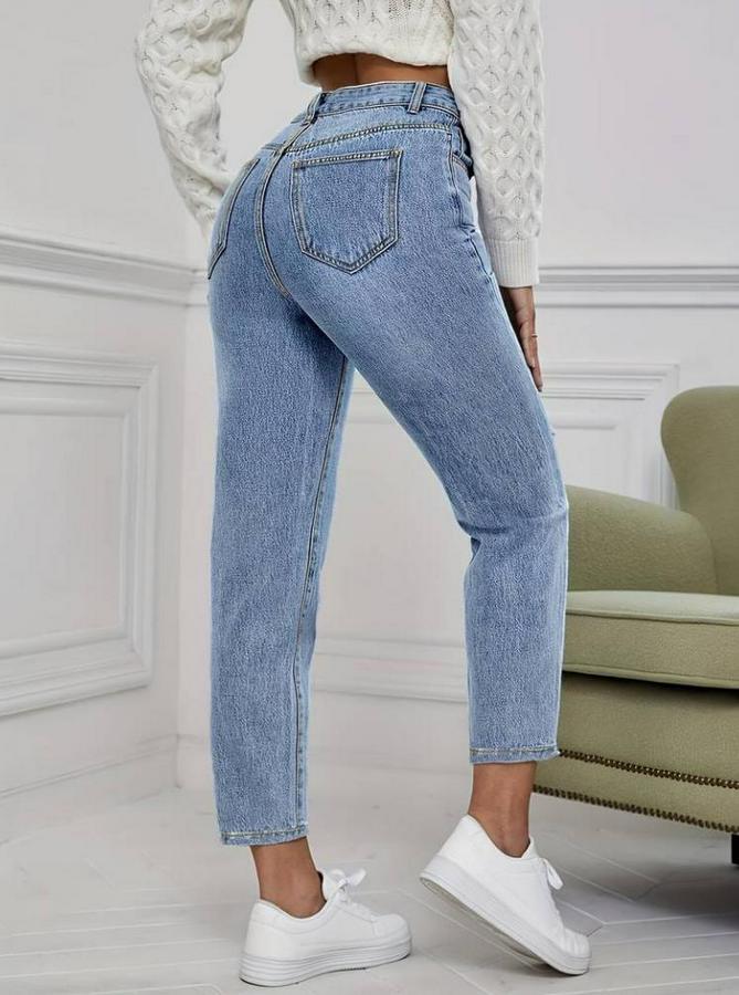 Açık Mavi Yırtık Mom Fit Kot Pantolon