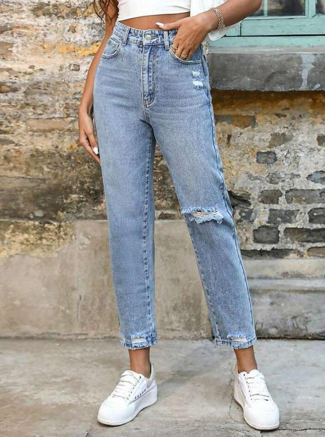 Açık Mavi Yırtık Mom Fit Kot Pantolon
