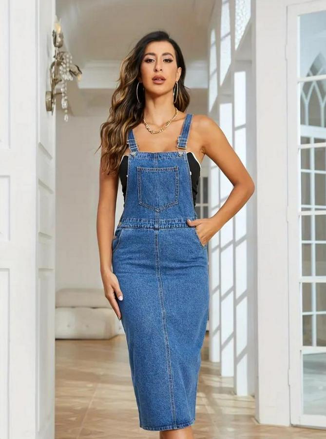 Askılı Ön Ve Arka Cep Detaylı Diz Altı Kot Salopet