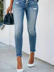 Önü Düğmeli Eskitme Slim Fit Kot Pantolon
