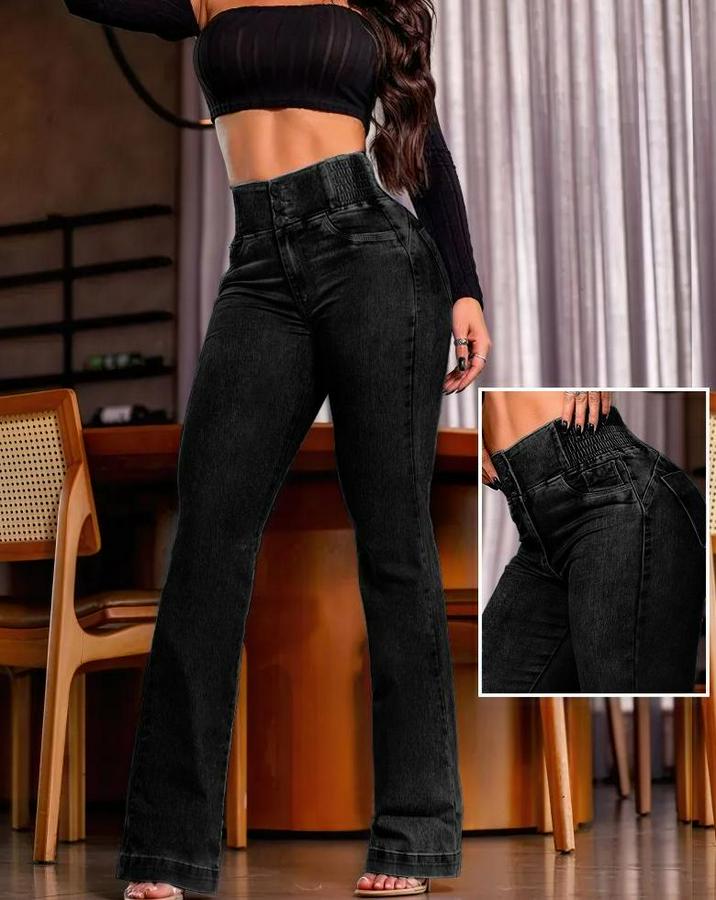 Yüksek Bel Yanları Lastik Önü Düğmeli Kot Pantolon