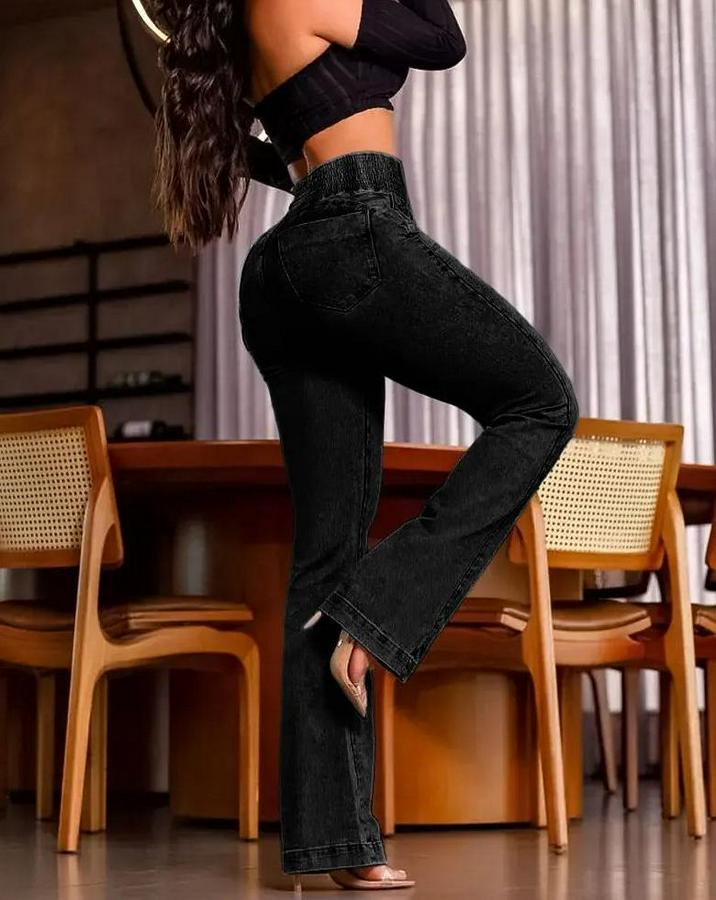 Yüksek Bel Yanları Lastik Önü Düğmeli Kot Pantolon