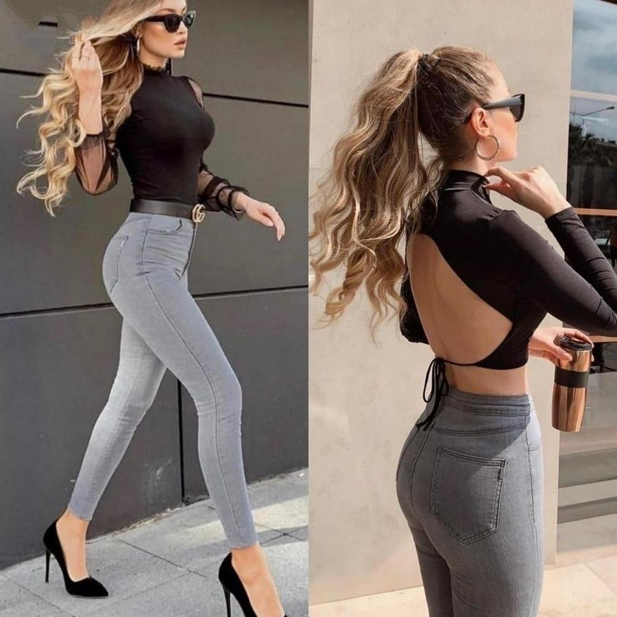 Likralı Yüksek Bel Jean Pantolon