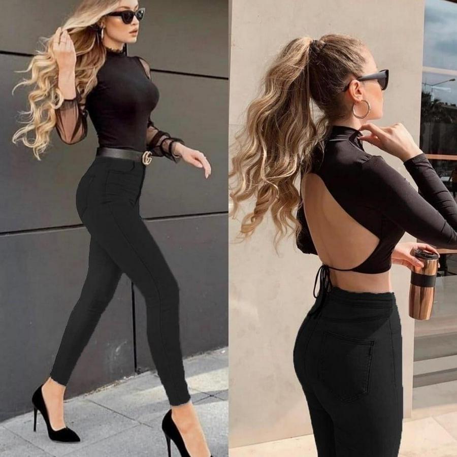 Likralı Yüksek Bel Jean Pantolon